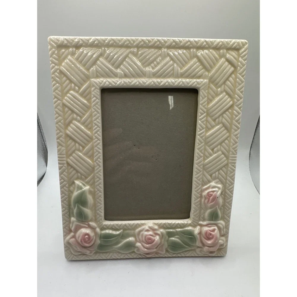Elsa Ceramic Rose Basketweave Picture Frame Cream Pink Floral Vintage 5x3.5